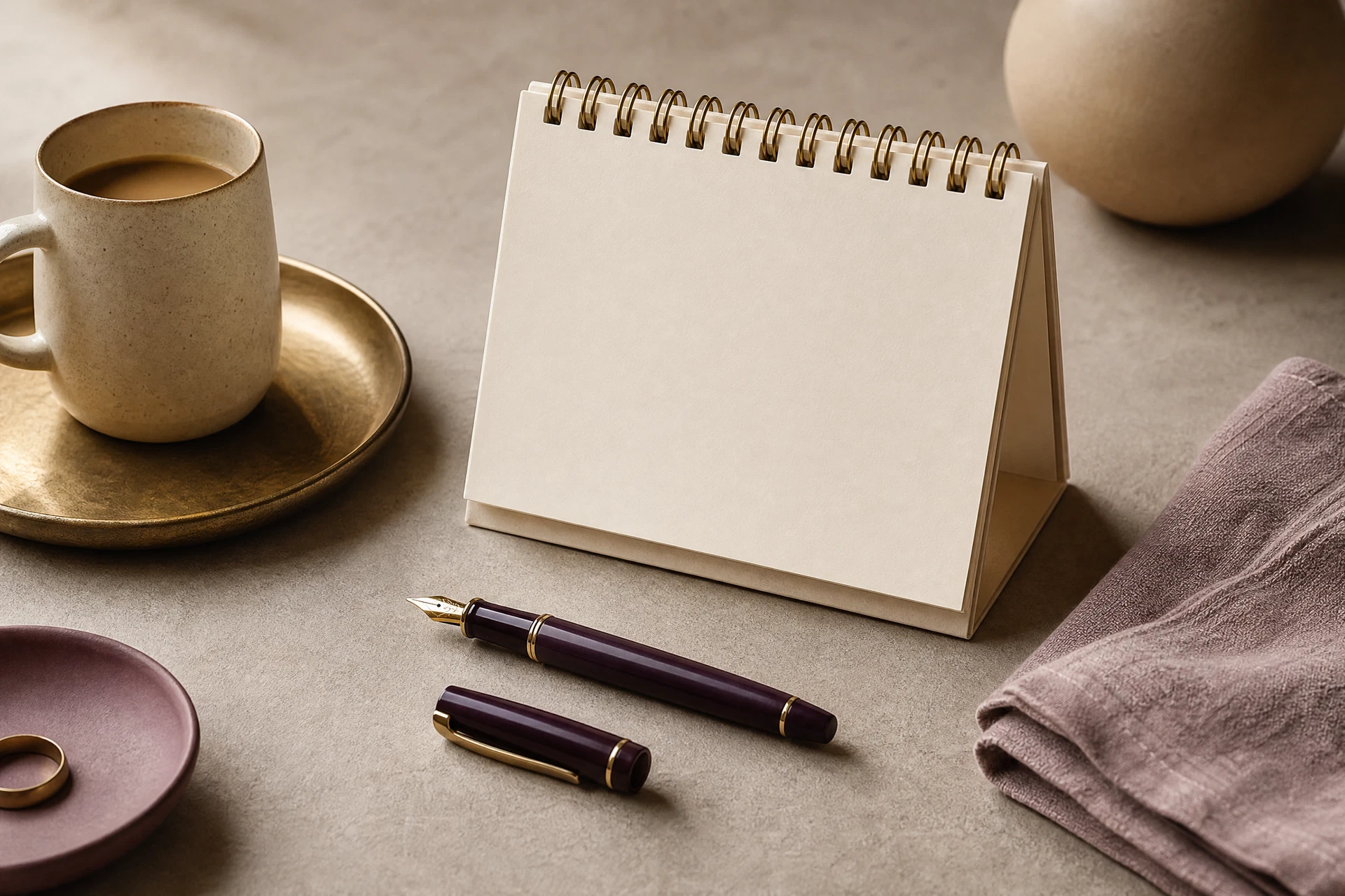 Calm editorial planning ritual with a blank calendar, fountain pen, and ceramic cup
