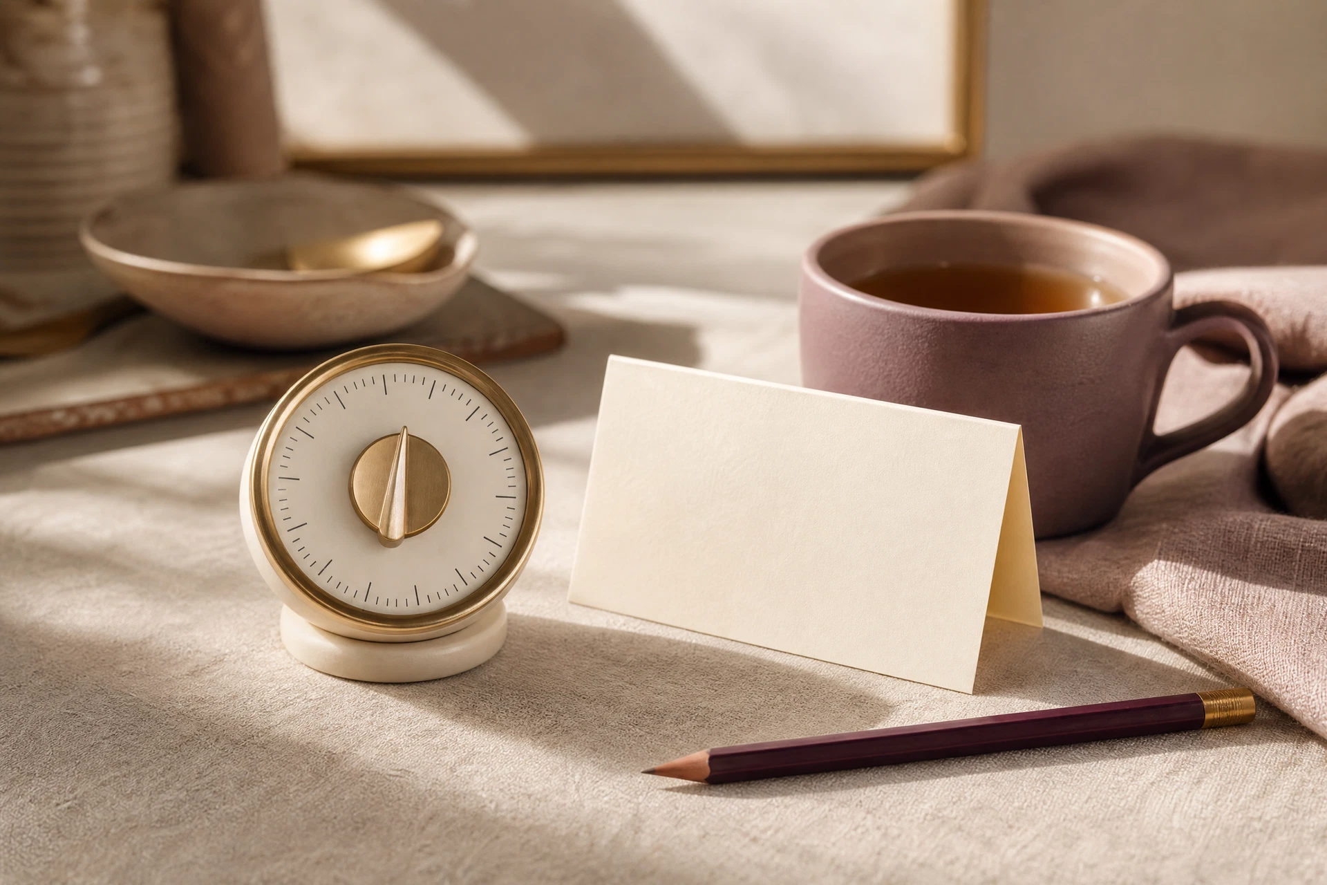 Quiet weekly reset still life with an analog timer, herbal tea, planning card, and pencil