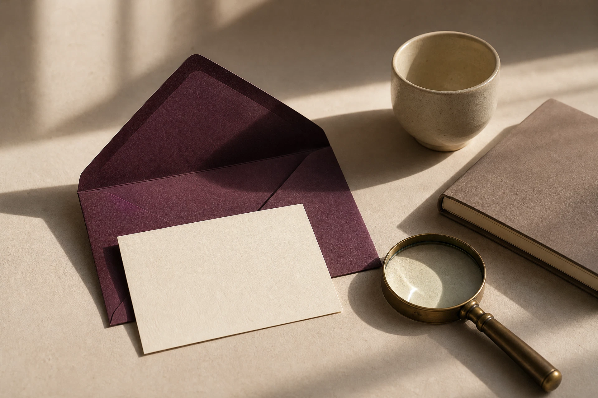 Plum envelope, ivory card, magnifying glass, and notebook arranged for a message clarity article