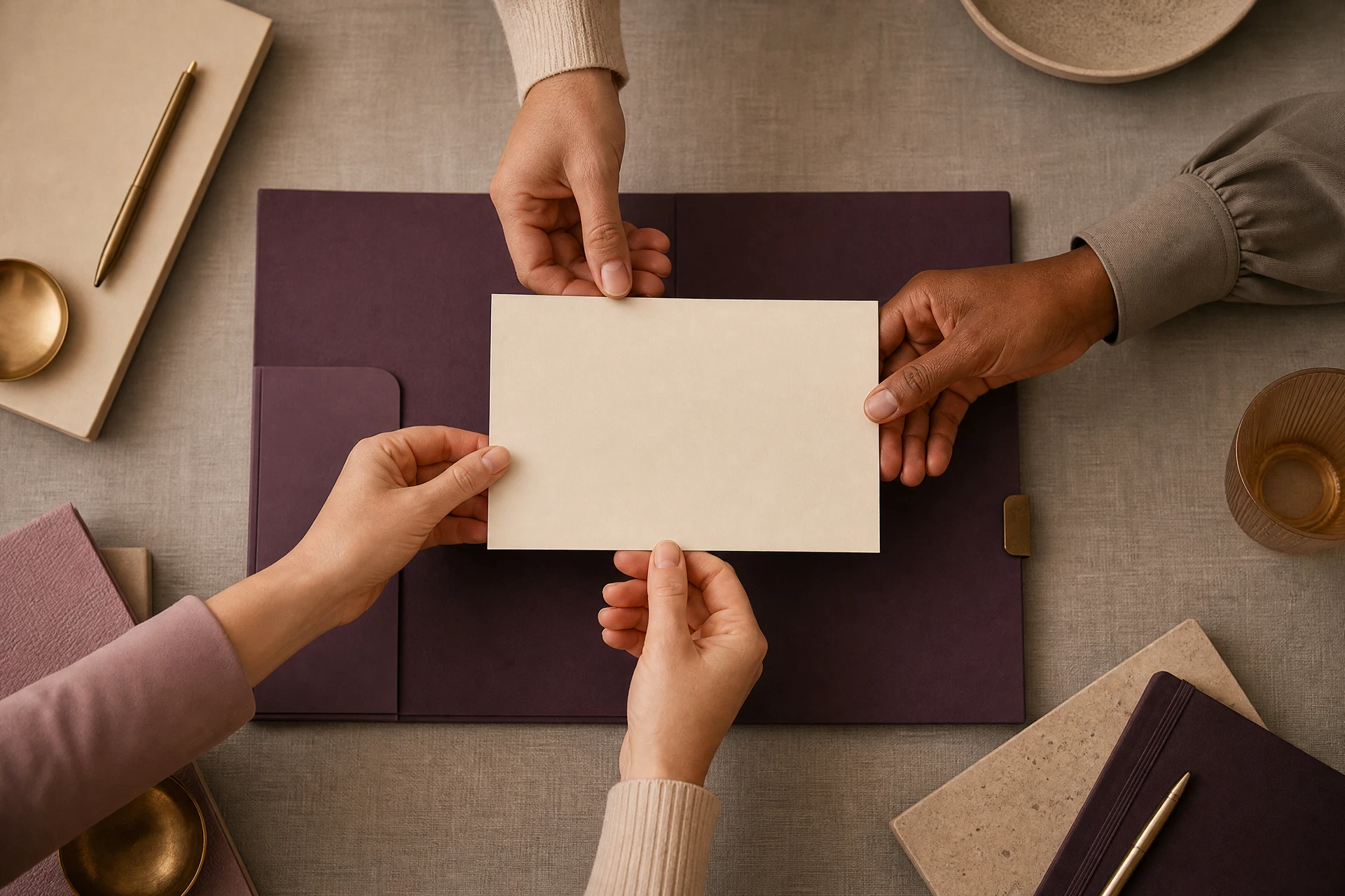 Collaborative hands passing an ivory card over a shared plum folder