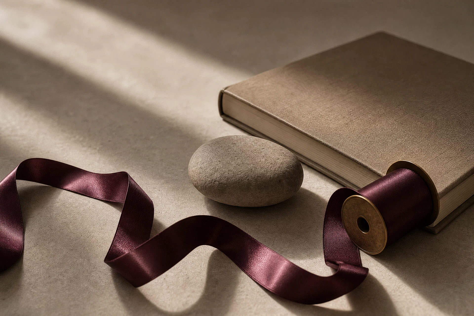Wine ribbon, smooth stone, and taupe notebook suggesting the release of momentum friction